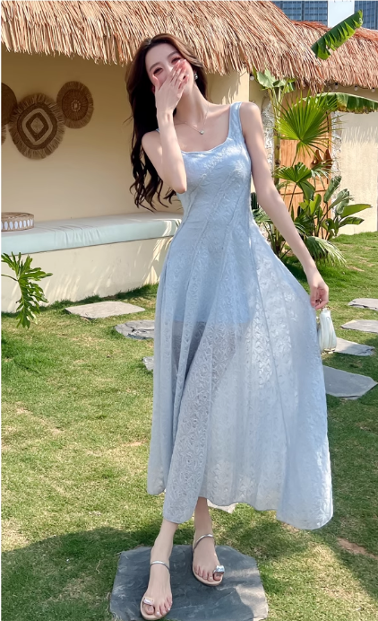 New Fashion Light Blue Mesh Lace Design A-line Beach Holiday Sleeveless Vest Dress TP3350