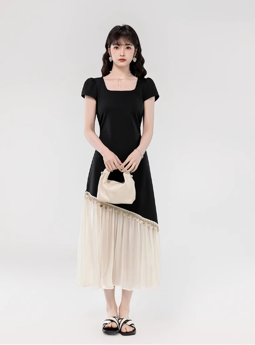 Vintage Fashion Black Irregular Design Elegant A-line Square Collar Short- sleeved Dress TP3352