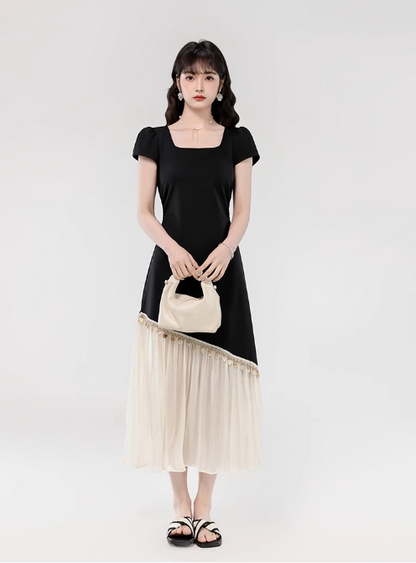 Vintage Fashion Black Irregular Design Elegant A-line Square Collar Short- sleeved Dress TP3352