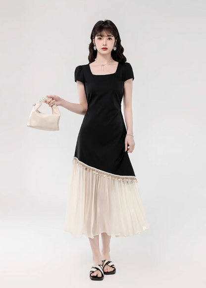 Vintage Fashion Black Irregular Design Elegant A-line Square Collar Short- sleeved Dress TP3352