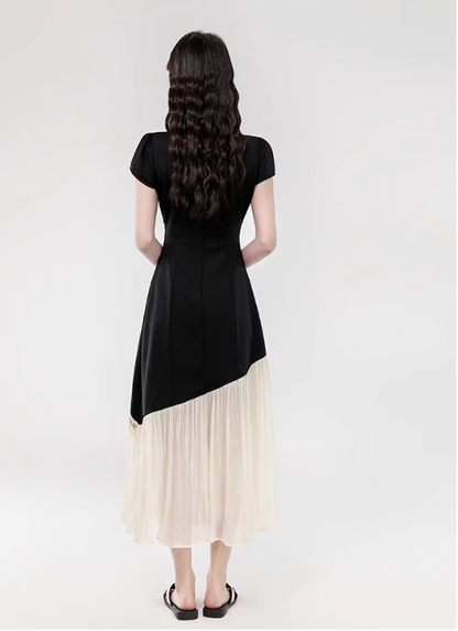 Vintage Fashion Black Irregular Design Elegant A-line Square Collar Short- sleeved Dress TP3352