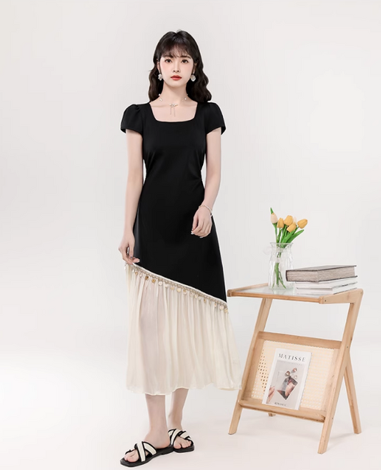 Vintage Fashion Black Irregular Design Elegant A-line Square Collar Short- sleeved Dress TP3352
