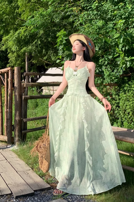 Vintage Fashion Green Irregular Ruffled Hem Design Elegant A-line Spaghetti Strap Dress TP3353
