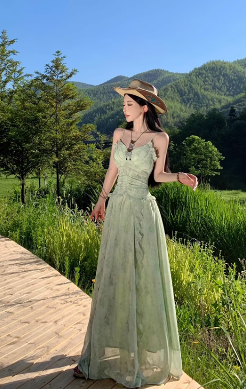 Vintage Fashion Green Irregular Ruffled Hem Design Elegant A-line Spaghetti Strap Dress TP3353