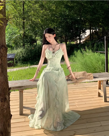 Vintage Fashion Green Irregular Ruffled Hem Design Elegant A-line Spaghetti Strap Dress TP3353