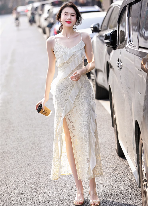 Vintage Fashion Beige Irregular Ruffled Hem Design Elegant A-line Spaghetti Strap Dress TP3354