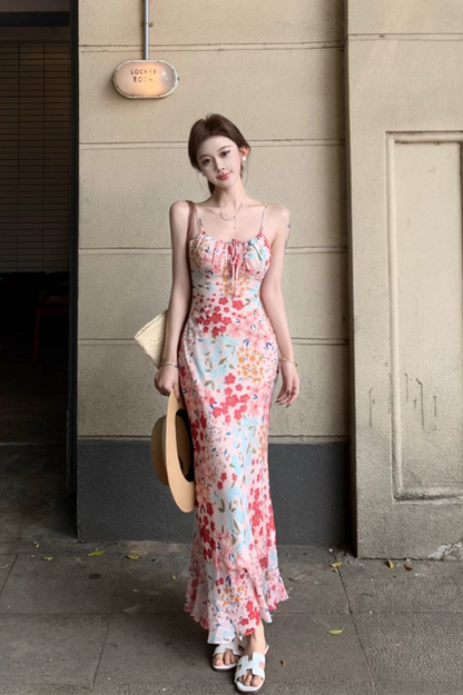 Vintage Fashion Floral Design Elegant Mermaid A-line Spaghetti Strap Dress TP3355