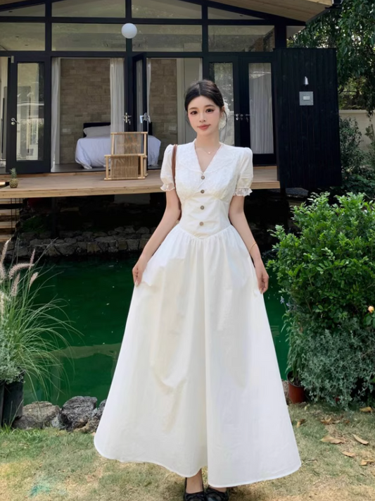 Simple Fashion White V-neck Design Elegant A-line Short-sleeved Dress TP3356