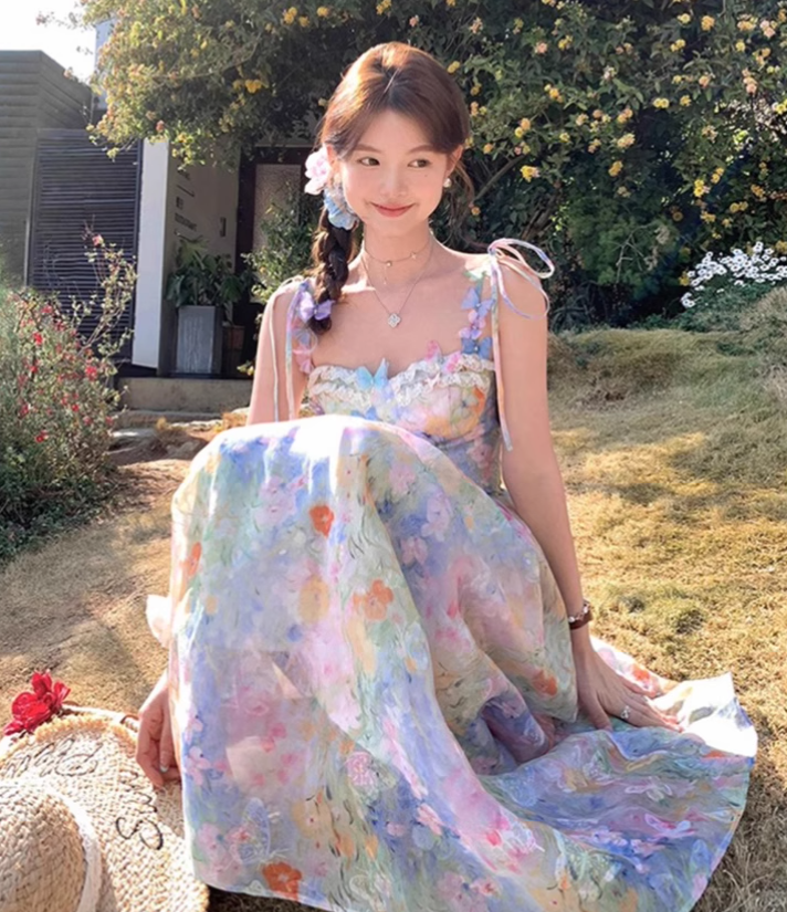 Vintage Fashion Floral Design Elegant Beach Holiday A-line Spaghetti Strap Dress TP3357