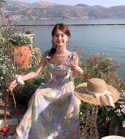 Vintage Fashion Floral Design Elegant Beach Holiday A-line Spaghetti Strap Dress TP3357