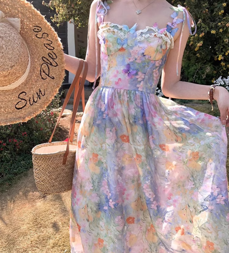 Vintage Fashion Floral Design Elegant Beach Holiday A-line Spaghetti Strap Dress TP3357