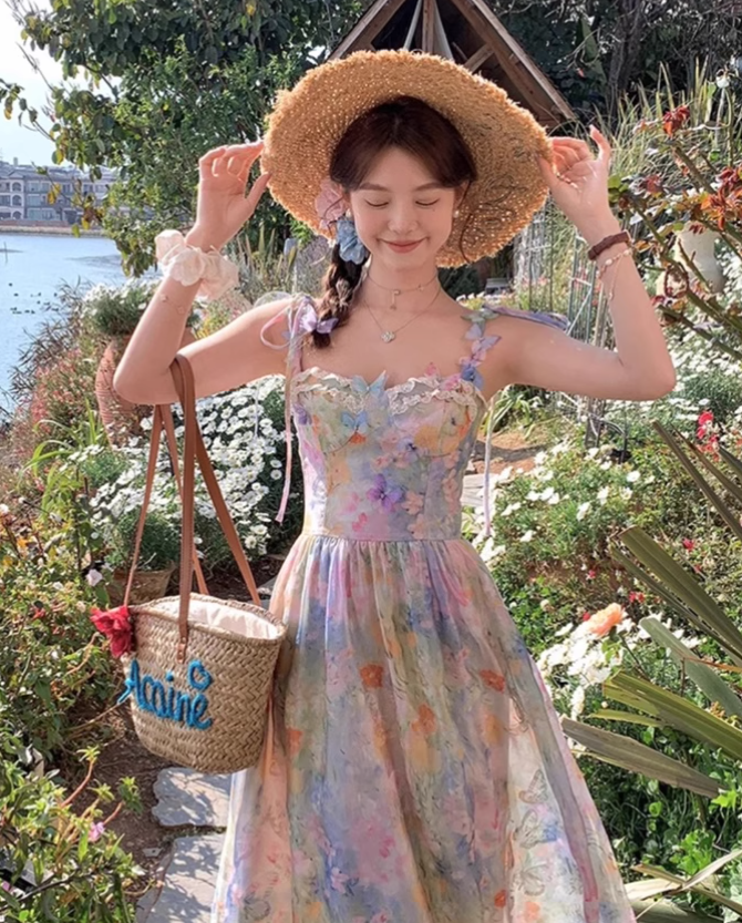 Vintage Fashion Floral Design Elegant Beach Holiday A-line Spaghetti Strap Dress TP3357