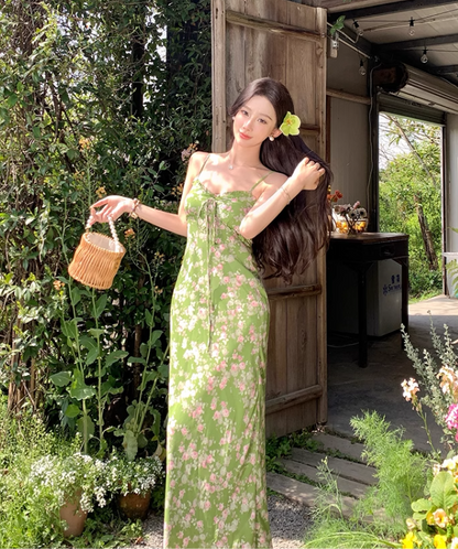 Fashion Green Floral Design Elegant A-line Spaghetti Strap Dress TP3361