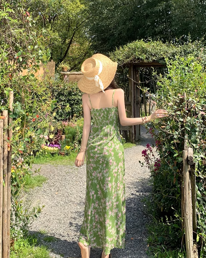 Fashion Green Floral Design Elegant A-line Spaghetti Strap Dress TP3361