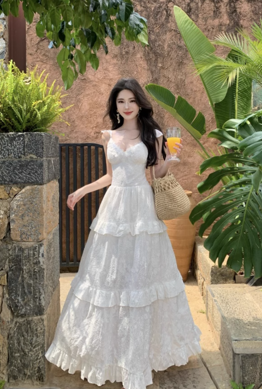 New Fashion White V-neck Tiered Dress Design Elegant A-line Spaghetti Strap Dress TP3362