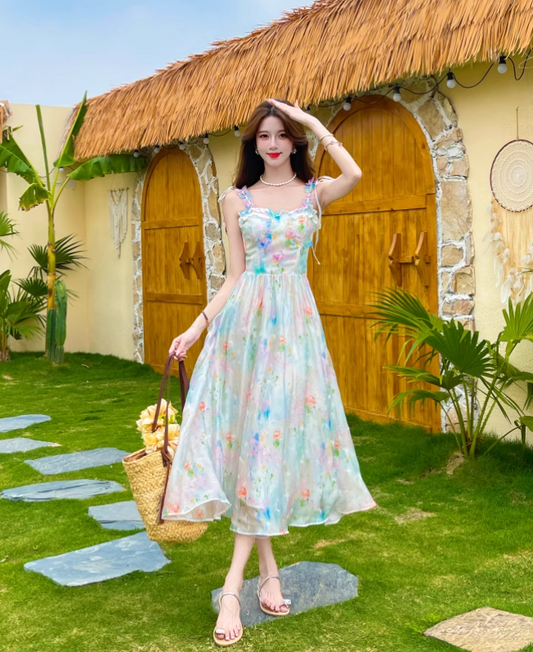 New Fashion Floral Design Elegant A-line Spaghetti Strap Dress TP3363