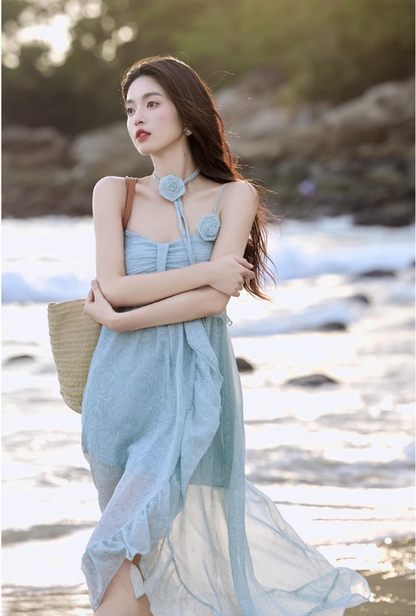 New Fashion Light Blue Ruffled Hem Design Beach Holiday A-line Spaghetti Strap Dress TP3365