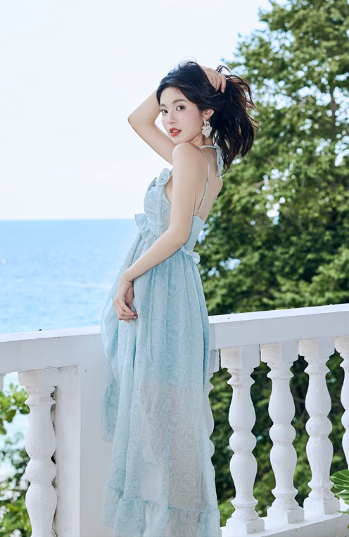 New Fashion Light Blue Ruffled Hem Design Beach Holiday A-line Spaghetti Strap Dress TP3365