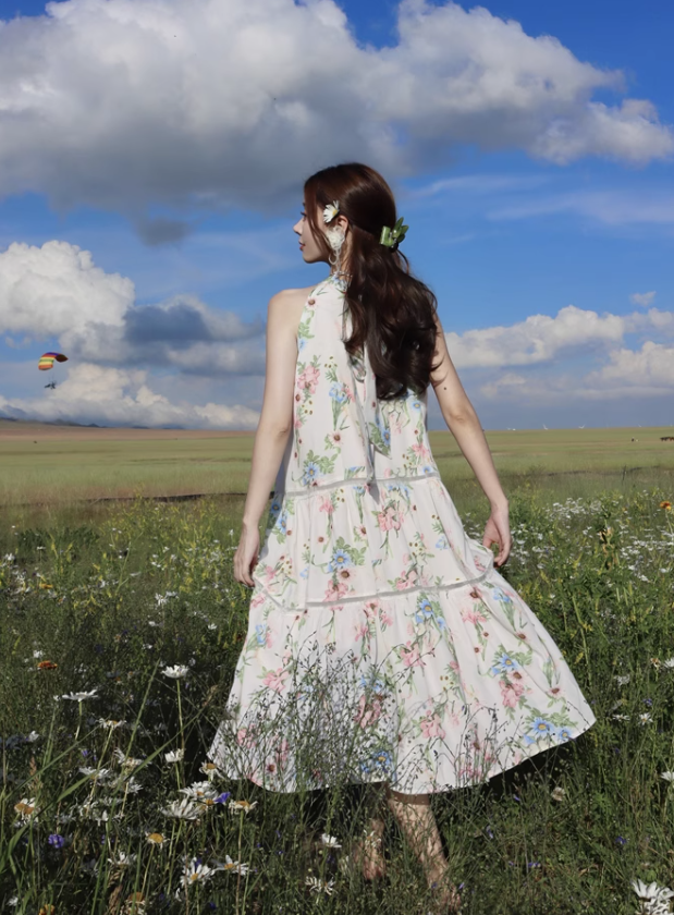 Simple Fashion Flora Design Beach Holiday A-line Halter Dress TP3366