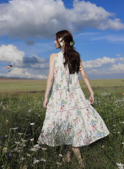 Simple Fashion Flora Design Beach Holiday A-line Halter Dress TP3366