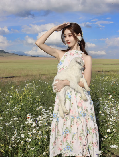 Simple Fashion Flora Design Beach Holiday A-line Halter Dress TP3366