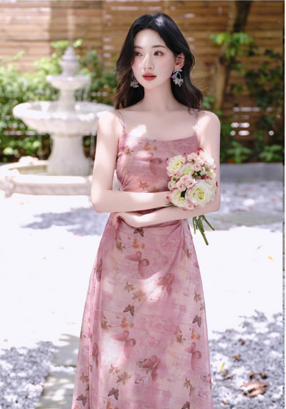 Retro Fashion Pink Flora Design Beach Holiday A-line Spaghetti Strap Dress TP3367