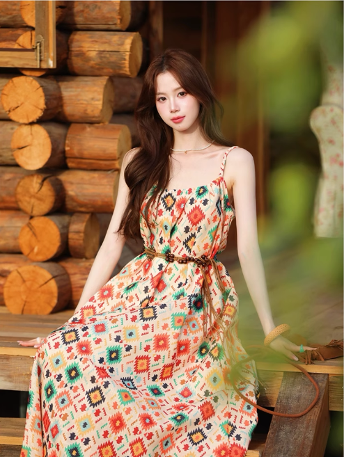 Vintage Fashion Floral Print Design Beach Holiday A-line with Belt Spaghetti Strap Dress TP3372