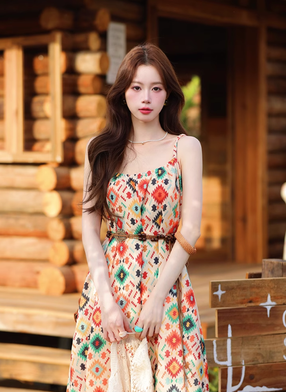 Vintage Fashion Floral Print Design Beach Holiday A-line with Belt Spaghetti Strap Dress TP3372