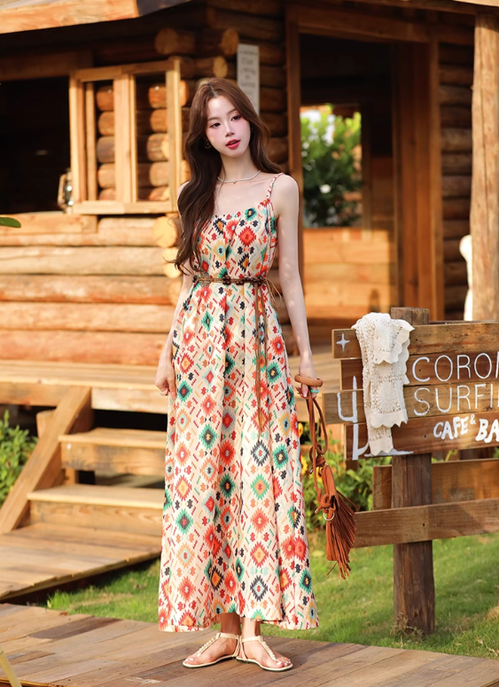 Vintage Fashion Floral Print Design Beach Holiday A-line with Belt Spaghetti Strap Dress TP3372