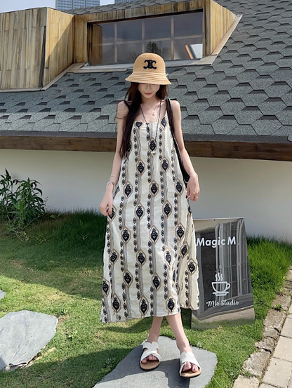 New Fashion Floral Loose-fitting Design Beach Holiday A-line Spaghetti Strap Dress TP3374