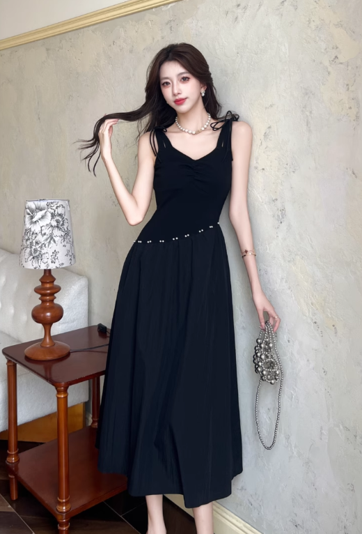 Simple Fashion Black Sleeveless Waist-cinching Design A-line Vest Dress TP3380