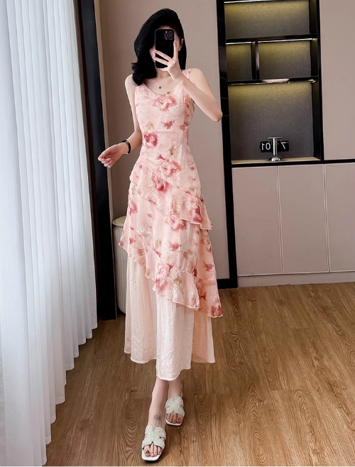 Simple Fashion Pink Floral Design A-line Spaghetti Strap Dress TP3381