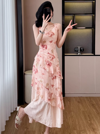 Simple Fashion Pink Floral Design A-line Spaghetti Strap Dress TP3381