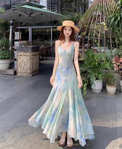 Simple Fashion Floral Design A-line Beach Holiday Spaghetti Strap Dress TP3382