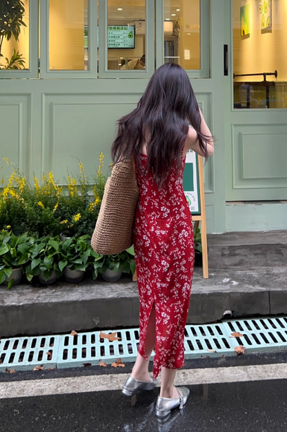New Fashion Red Floral Design A-line Beach Holiday Spaghetti Strap Dress TP3383