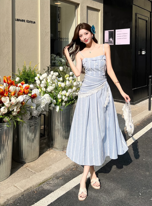 New Fashion Blue Stripe Design A-line Lace Spaghetti Strap Dress TP3384