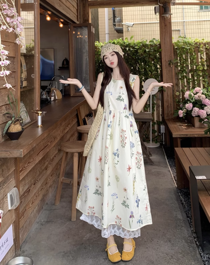 Vintage Fashion Floral Printed Design A-line Beach Holiday Vest Dress TP3388