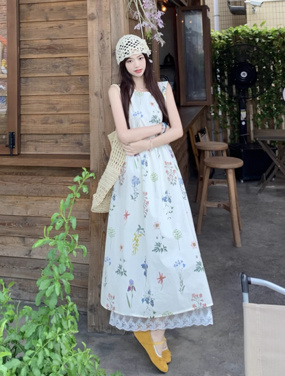 Vintage Fashion Floral Printed Design A-line Beach Holiday Vest Dress TP3388