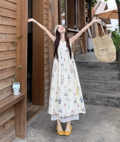 Vintage Fashion Floral Printed Design A-line Beach Holiday Vest Dress TP3388