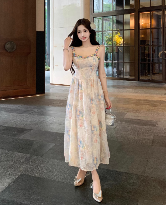 New Fashion Floral Design A-line Beach Holiday Spaghetti Strap Dress TP3389
