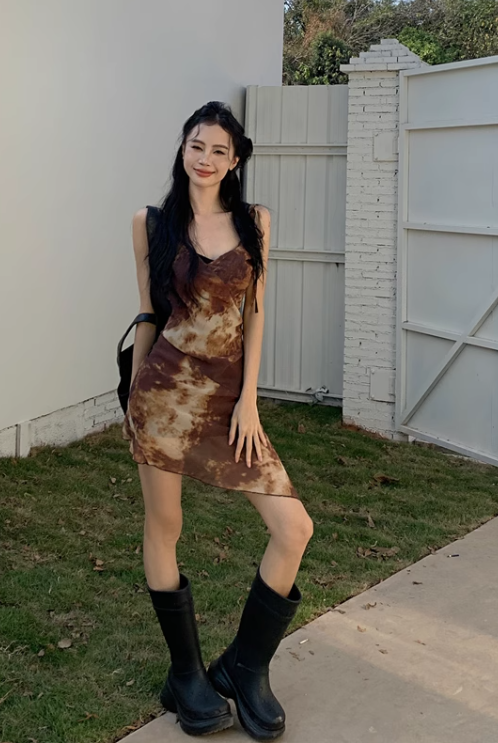 New Fashion Brown Irregular Hem Design A-line V-neck Spaghetti Strap Dress TP3421