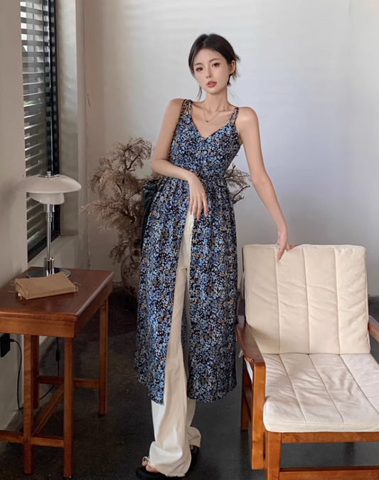 Fashion Navy Blue Floral Design A-line V-neck Slit Spaghetti Strap Dress TP3428