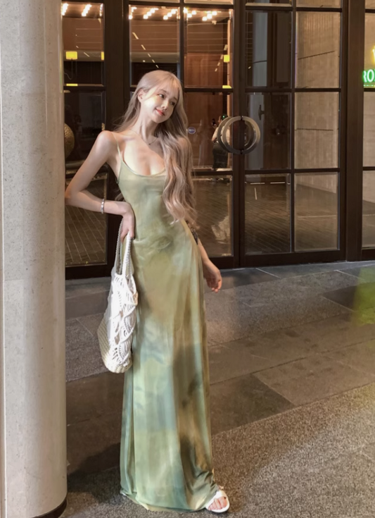 Simple Fashion Green Print Design A-line Spaghetti Strap Dress TP3429