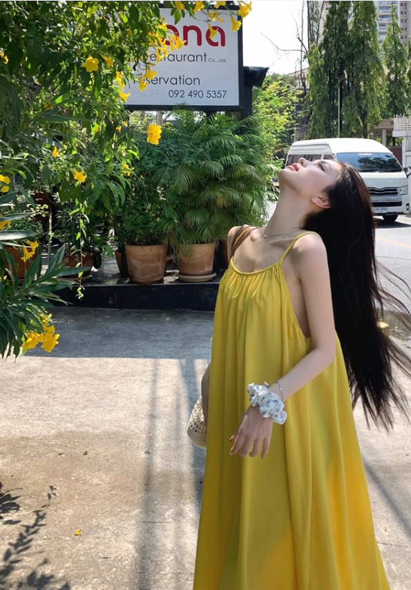 New Fashion Yellow Loose-fitting Design A-line Spaghetti Strap Dress TP3431