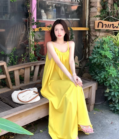 New Fashion Yellow Loose-fitting Design A-line Spaghetti Strap Dress TP3431