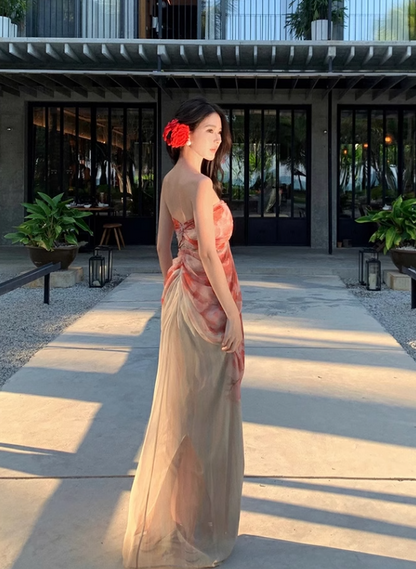New Fashion Floral Print Design A-line Floor-length Sleeveless Strapless Dress TP3433