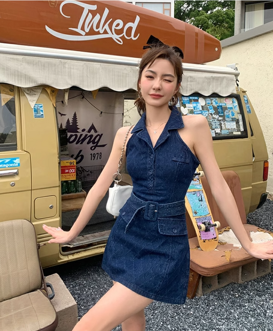 New Fashion Navy Blue V-neck Design A-line Sleeveless Denim Dress TP3434