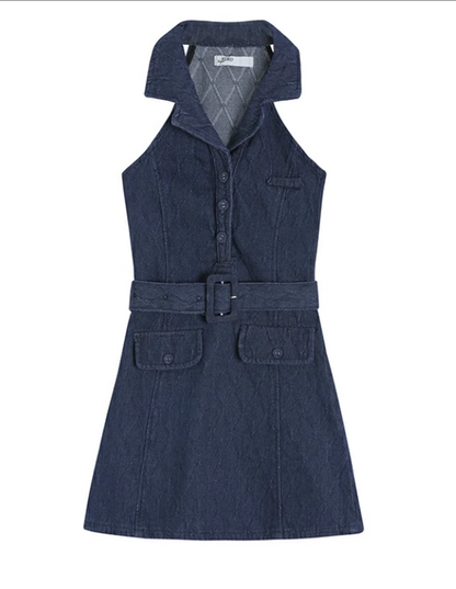 New Fashion Navy Blue V-neck Design A-line Sleeveless Denim Dress TP3434