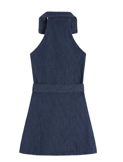 New Fashion Navy Blue V-neck Design A-line Sleeveless Denim Dress TP3434