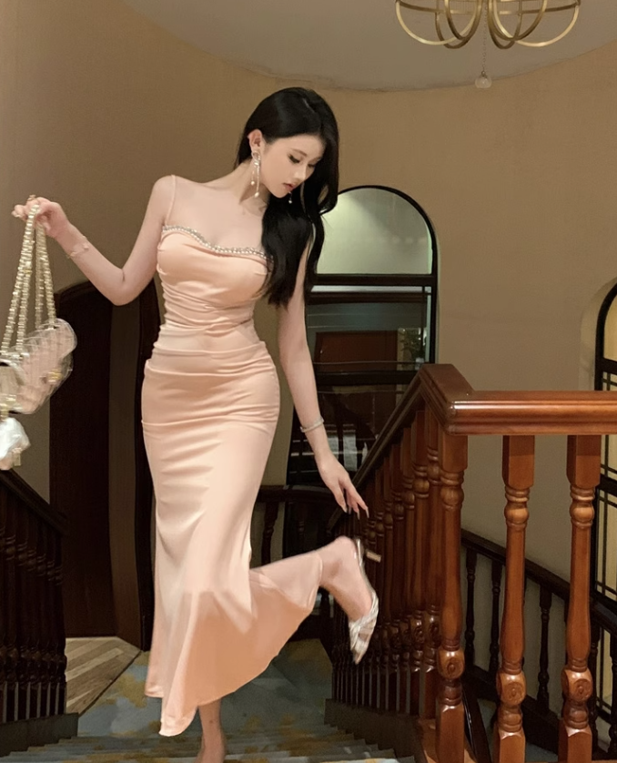 Vintage Pink Mermaid Sequined Design Spaghetti Strap Dress TP3436